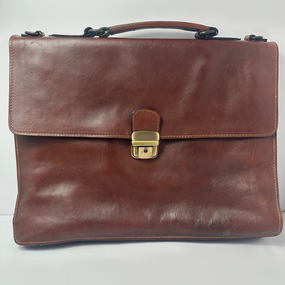 Vintage Old Angler Firenze Italian Leather Briefcase Messenger Bag Brown Laptop - Picture 7 of 13